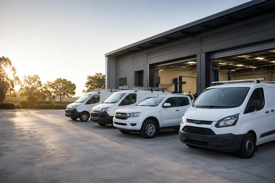 White fleet vans parked outside a workshop